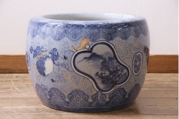 アンティーク雑貨　昭和初期　縁起物の図柄が目を惹く瀬戸火鉢(鉢カバー)(R-045355)