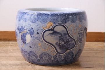 アンティーク雑貨　昭和初期　縁起物の図柄が目を惹く瀬戸火鉢(鉢カバー)(R-045355)