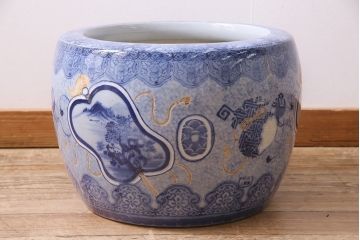 アンティーク雑貨　昭和初期　縁起物の図柄が目を惹く瀬戸火鉢(鉢カバー)(R-045355)