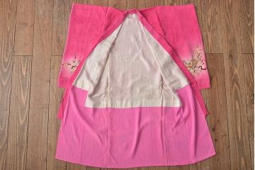 昭和初期　折鶴に花　錦紗縮緬　子供着物(正絹、古布)(R-045365)