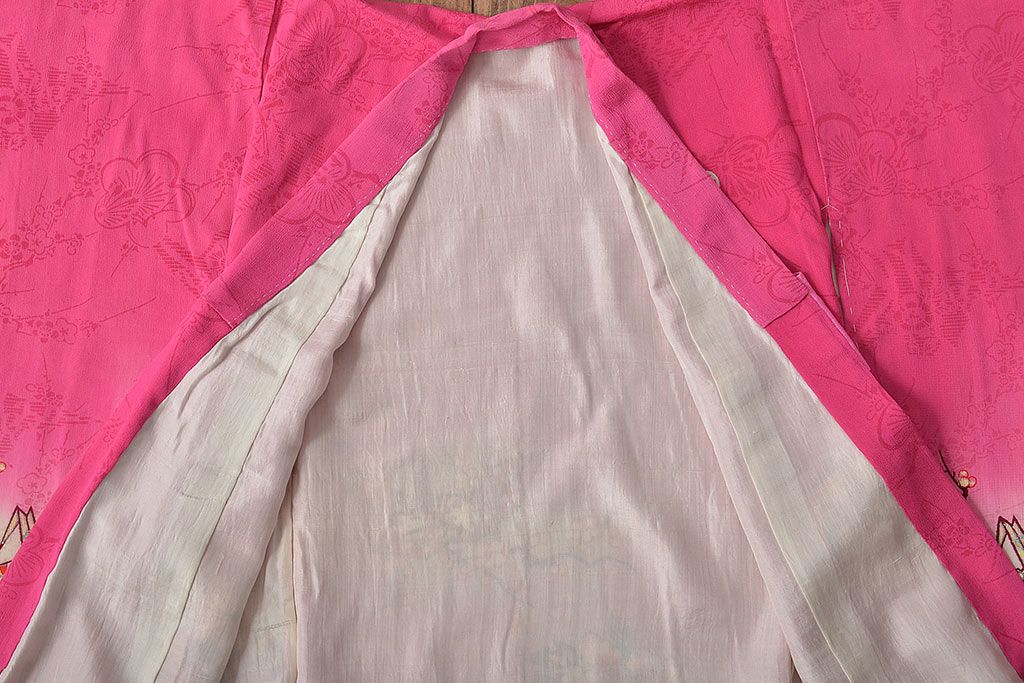 昭和初期　折鶴に花　錦紗縮緬　子供着物(正絹、古布)(R-045365)