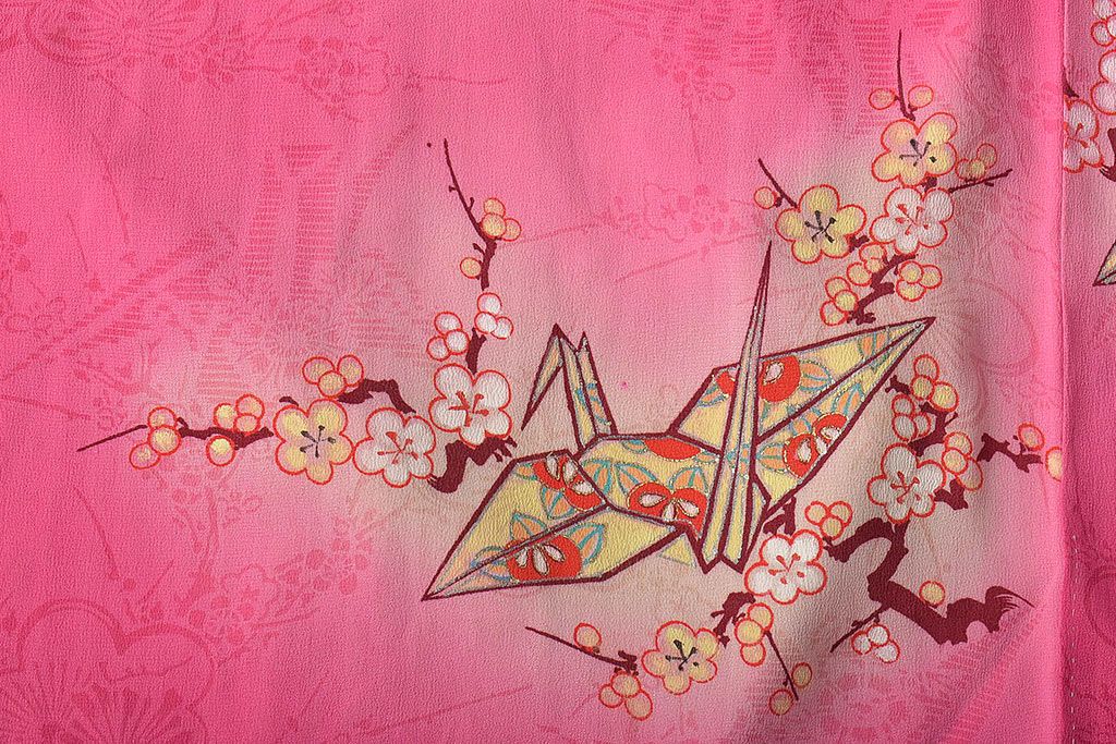 昭和初期　折鶴に花　錦紗縮緬　子供着物(正絹、古布)(R-045365)