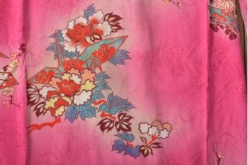 昭和初期　折鶴に花　錦紗縮緬　子供着物(正絹、古布)(R-045365)