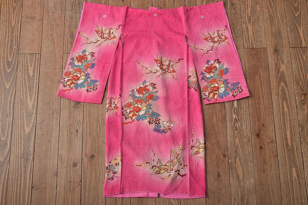 昭和初期　折鶴に花　錦紗縮緬　子供着物(正絹、古布)(R-045365)