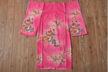 昭和初期　折鶴に花　錦紗縮緬　子供着物(正絹、古布)(R-045365)