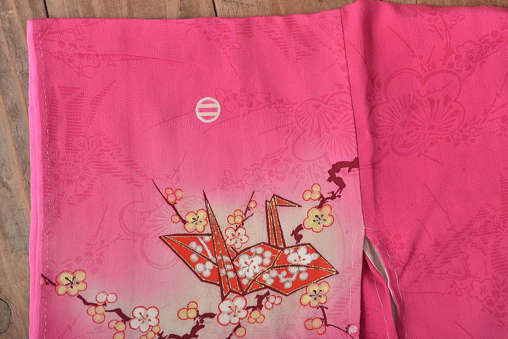 昭和初期　折鶴に花　錦紗縮緬　子供着物(正絹、古布)(R-045365)