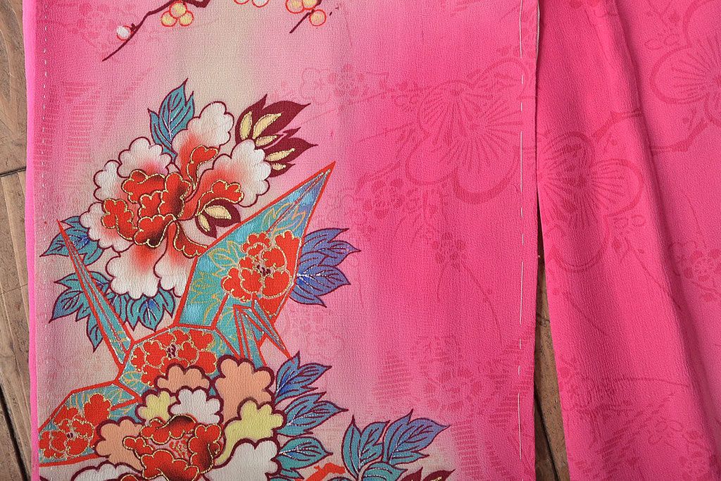 昭和初期　折鶴に花　錦紗縮緬　子供着物(正絹、古布)(R-045365)