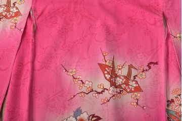 昭和初期　折鶴に花　錦紗縮緬　子供着物(正絹、古布)(R-045365)