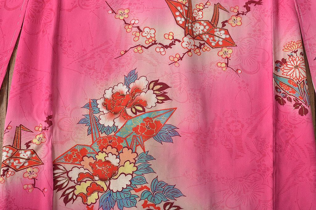 昭和初期　折鶴に花　錦紗縮緬　子供着物(正絹、古布)(R-045365)