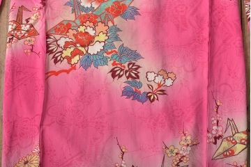 昭和初期　折鶴に花　錦紗縮緬　子供着物(正絹、古布)(R-045365)