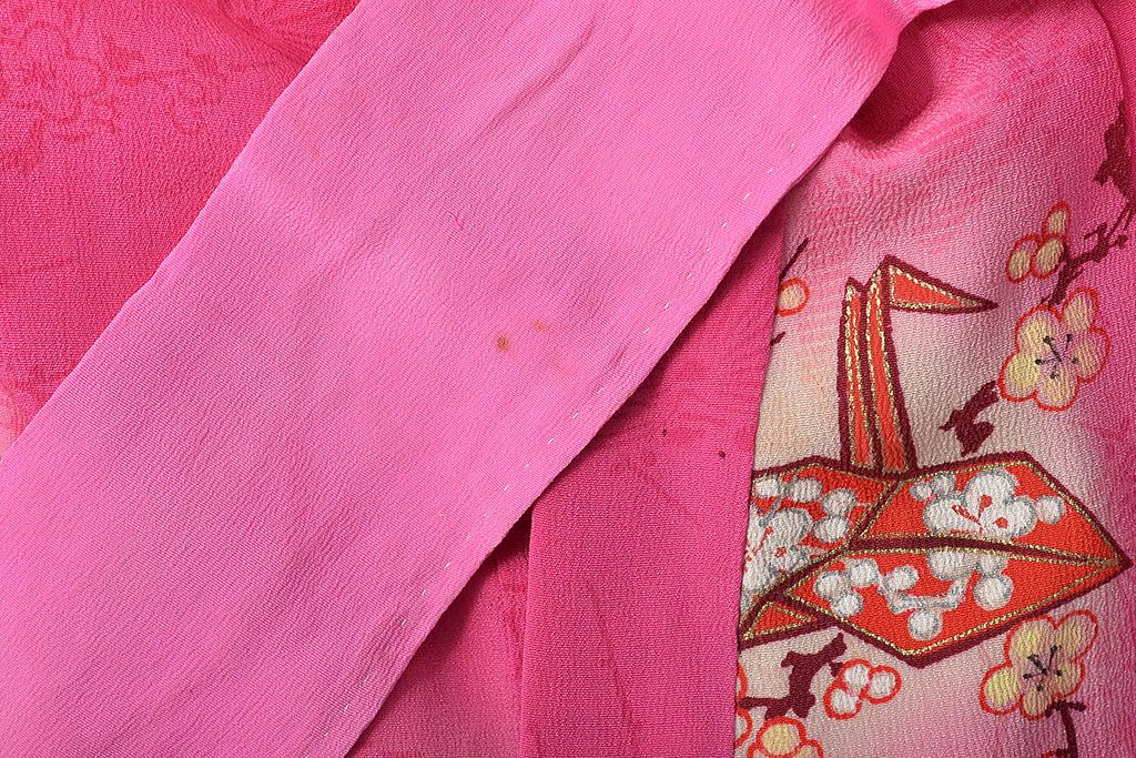昭和初期　折鶴に花　錦紗縮緬　子供着物(正絹、古布)(R-045365)