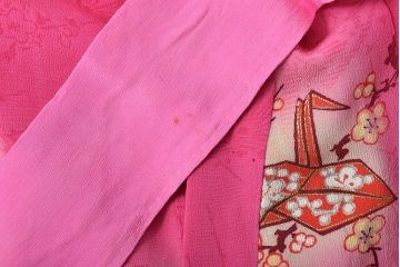 昭和初期　折鶴に花　錦紗縮緬　子供着物(正絹、古布)(R-045365)