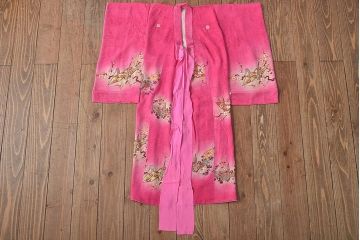 昭和初期　折鶴に花　錦紗縮緬　子供着物(正絹、古布)(R-045365)