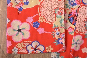 昭和初期　花に宝尽くし　錦紗縮緬　子供着物(正絹、古布)(R-045366)