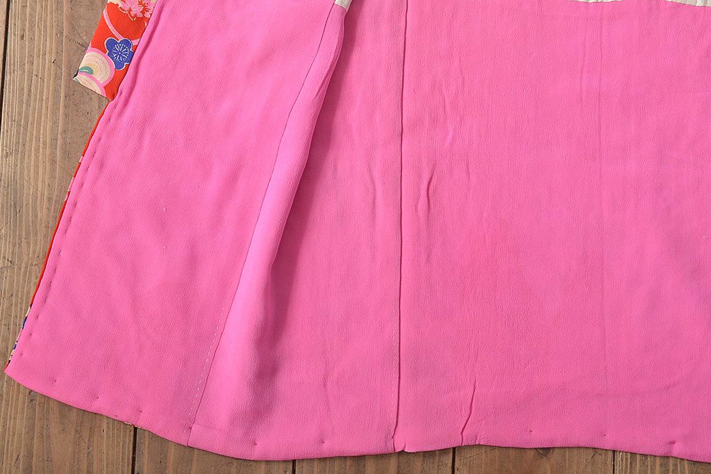 昭和初期　花に宝尽くし　錦紗縮緬　子供着物(正絹、古布)(R-045366)