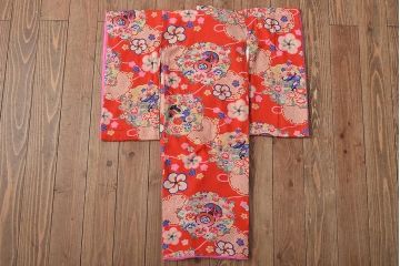 昭和初期　花に宝尽くし　錦紗縮緬　子供着物(正絹、古布)(R-045366)