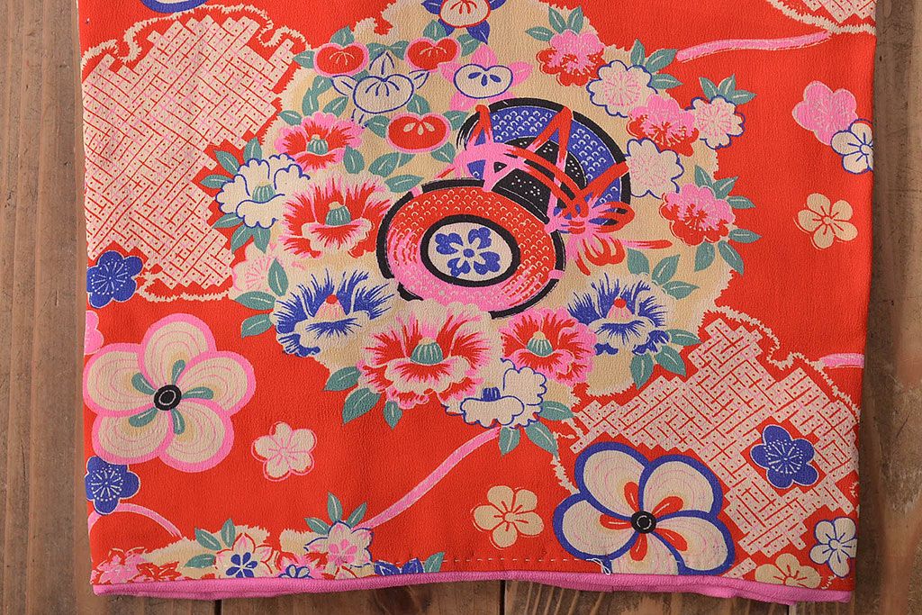 ★中古★ 1円 正絹 錦紗縮緬 アンティーク 大正浪漫 花立涌 蝶 七五三 袷 着物 女児 身丈143cm 裄62cm ◆逸品◆【夢職】 ☆良品☆ 1円 正絹 錦紗縮緬 紅絹 アンティーク 大正浪漫 四季草花