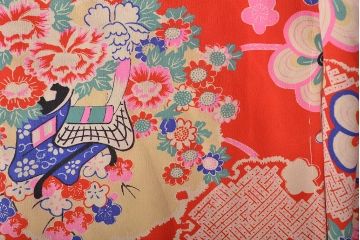 昭和初期　花に宝尽くし　錦紗縮緬　子供着物(正絹、古布)(R-045366)
