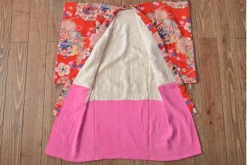 昭和初期　花に宝尽くし　錦紗縮緬　子供着物(正絹、古布)(R-045366)