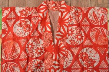 大正〜昭和初期　花柄　背抜き縮緬着物(正絹、古布)(R-045367)