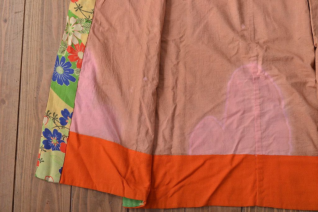 大正〜昭和初期　花柄　背抜き縮緬着物(正絹、古布)(R-045367)