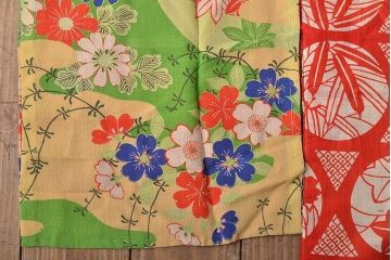 大正〜昭和初期　花柄　背抜き縮緬着物(正絹、古布)(R-045367)
