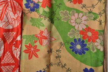 大正〜昭和初期　花柄　背抜き縮緬着物(正絹、古布)(R-045367)