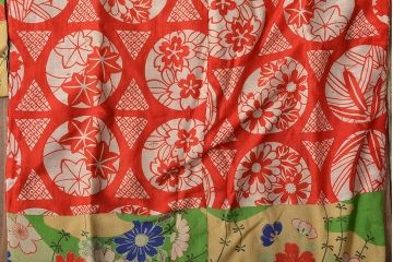 大正〜昭和初期　花柄　背抜き縮緬着物(正絹、古布)(R-045367)