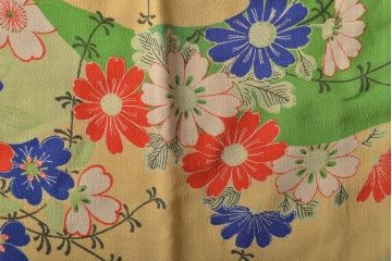 大正〜昭和初期　花柄　背抜き縮緬着物(正絹、古布)(R-045367)