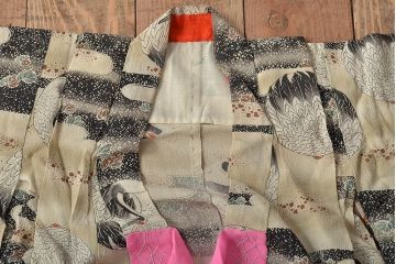 アンティーク着物　大正〜昭和初期　鶴丸柄　縮緬着物(正絹、古布)(R-045370)