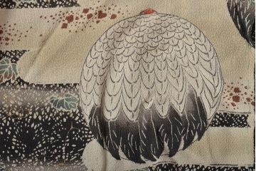 アンティーク着物　大正〜昭和初期　鶴丸柄　縮緬着物(正絹、古布)(R-045370)