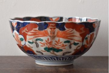 明治期　伊万里焼　花籠図　色絵　深鉢(深皿、和食器)(R-045404)