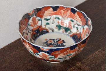 明治期　伊万里焼　花籠図　色絵　深鉢(深皿、和食器)(R-045404)