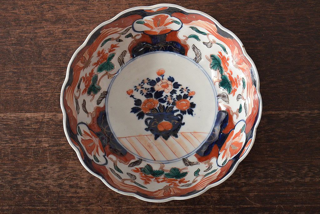 明治期　伊万里焼　花籠図　色絵　深鉢(深皿、和食器)(R-045404)