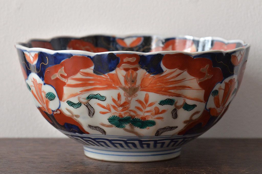 明治期　伊万里焼　花籠図　色絵　深鉢(深皿、和食器)(R-045404)