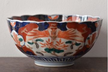 明治期　伊万里焼　花籠図　色絵　深鉢(深皿、和食器)(R-045404)