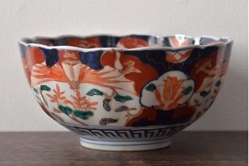 明治期　伊万里焼　花籠図　色絵　深鉢(深皿、和食器)(R-045404)