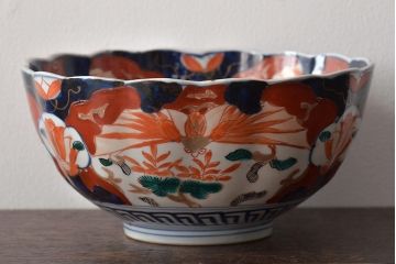 明治期　伊万里焼　花籠図　色絵　深鉢(深皿、和食器)(R-045404)