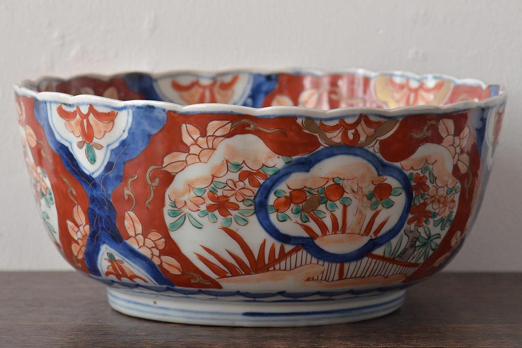 明治期 伊万里「文明開化 蒸気船図」染付鉢 初期伊万里染付草花