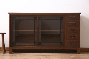 ラフジュ工房オリジナル　古建具リメイク　引き出し付き　色ガラス・レトロガラスが魅力のサイドボード(ガラス戸棚、収納棚、キャビネット)(R-045417)