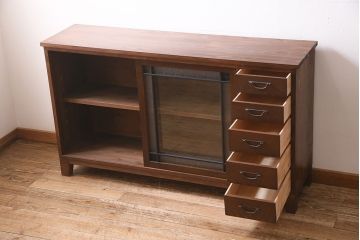ラフジュ工房オリジナル　古建具リメイク　引き出し付き　色ガラス・レトロガラスが魅力のサイドボード(ガラス戸棚、収納棚、キャビネット)(R-045417)