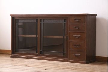 ラフジュ工房オリジナル　古建具リメイク　引き出し付き　色ガラス・レトロガラスが魅力のサイドボード(ガラス戸棚、収納棚、キャビネット)(R-045418)