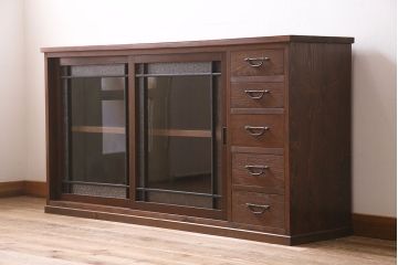 ラフジュ工房オリジナル　古建具リメイク　引き出し付き　色ガラス・レトロガラスが魅力のサイドボード(ガラス戸棚、収納棚、キャビネット)(R-045418)