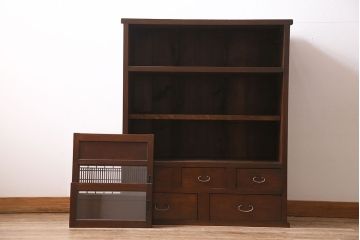 アンティーク家具　昭和初期　前面ケヤキ・ヒノキ材　組子格子が美しい水屋箪笥(収納棚、食器棚)(R-045420)