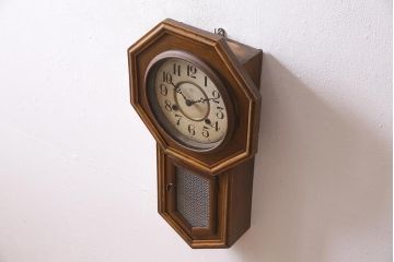 アンティーク時計　大正昭和初期　巴鶴印時計製造所(巴商会時計製造所)　電池式　オリジナルガラス入り　八角型掛け時計(古時計、柱時計)(R-045479)