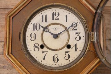 アンティーク時計　大正昭和初期　巴鶴印時計製造所(巴商会時計製造所)　電池式　オリジナルガラス入り　八角型掛け時計(古時計、柱時計)(R-045479)