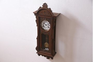 アンティーク時計　大正昭和初期　SEIKOSHA(精工舎、セイコー)　ゼンマイ式　スリゲル型　琺瑯文字盤　凝った意匠が目を引く掛け時計(古時計、柱時計、座敷時計)(R-045482)