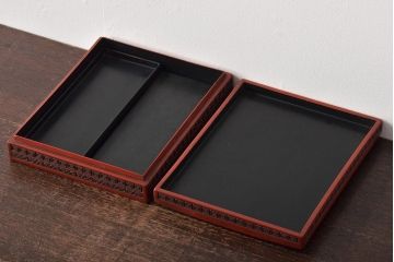 明治〜大正　古い硯箱(堆朱?、木製、彫刻、楼閣、山水)(R-045484)