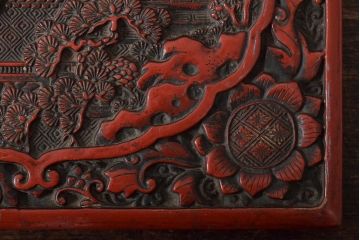 明治〜大正　古い硯箱(堆朱?、木製、彫刻、楼閣、山水)(R-045484)