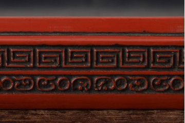 明治〜大正　古い硯箱(堆朱?、木製、彫刻、楼閣、山水)(R-045484)